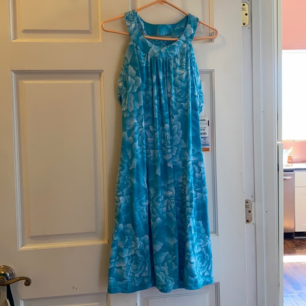 Blue dress with floral design.